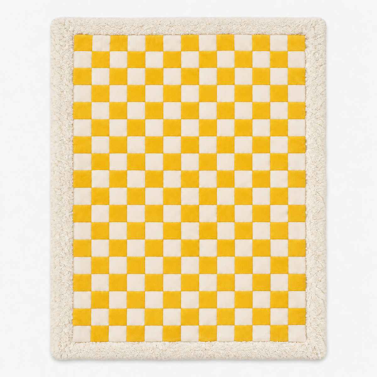 Amelvi yellow soft throw blanket laid open in bold checks with a cream border on a plain backdrop #color_yellow