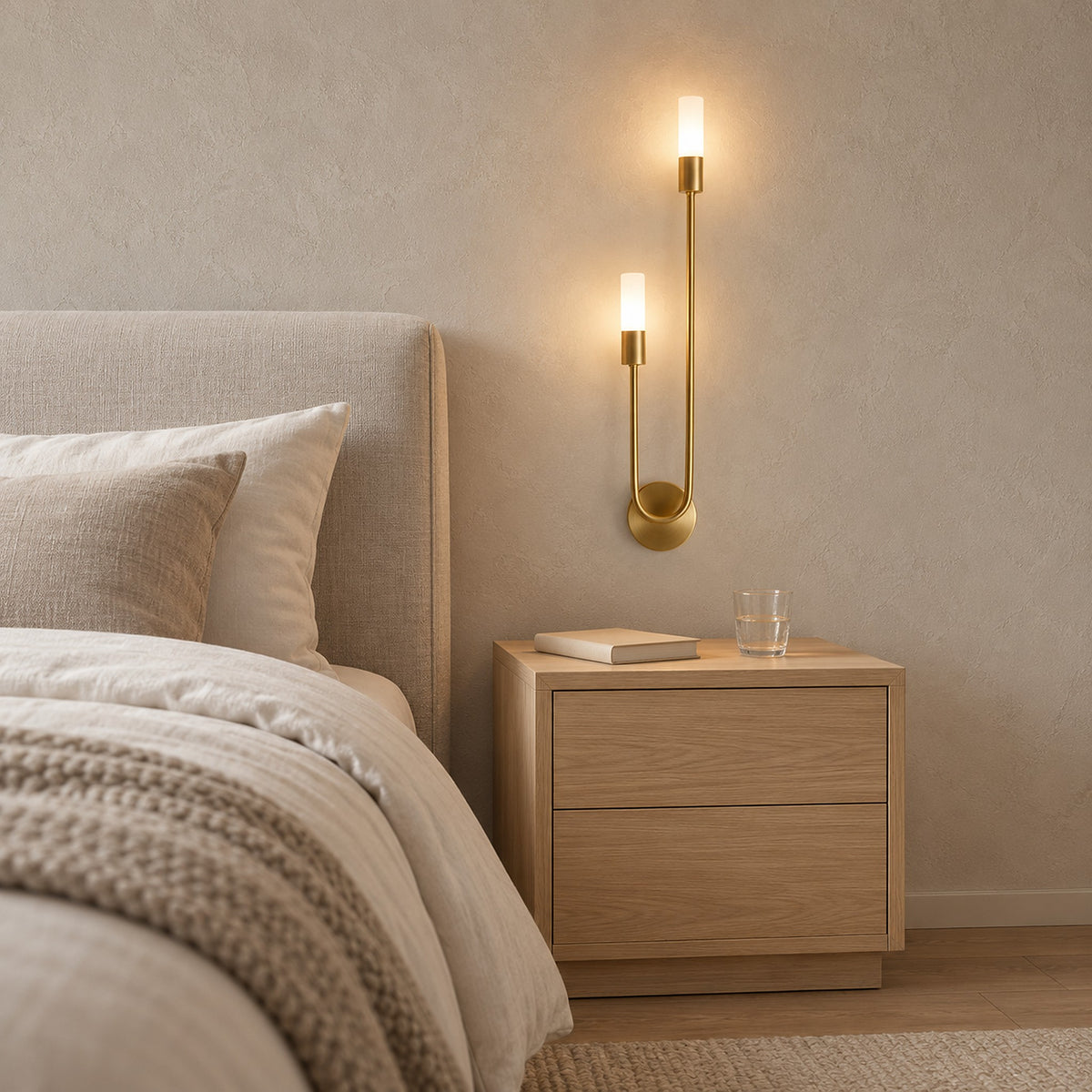 Amolven gold bedside wall light keeping the nightstand top free for a book, a glass or a phone