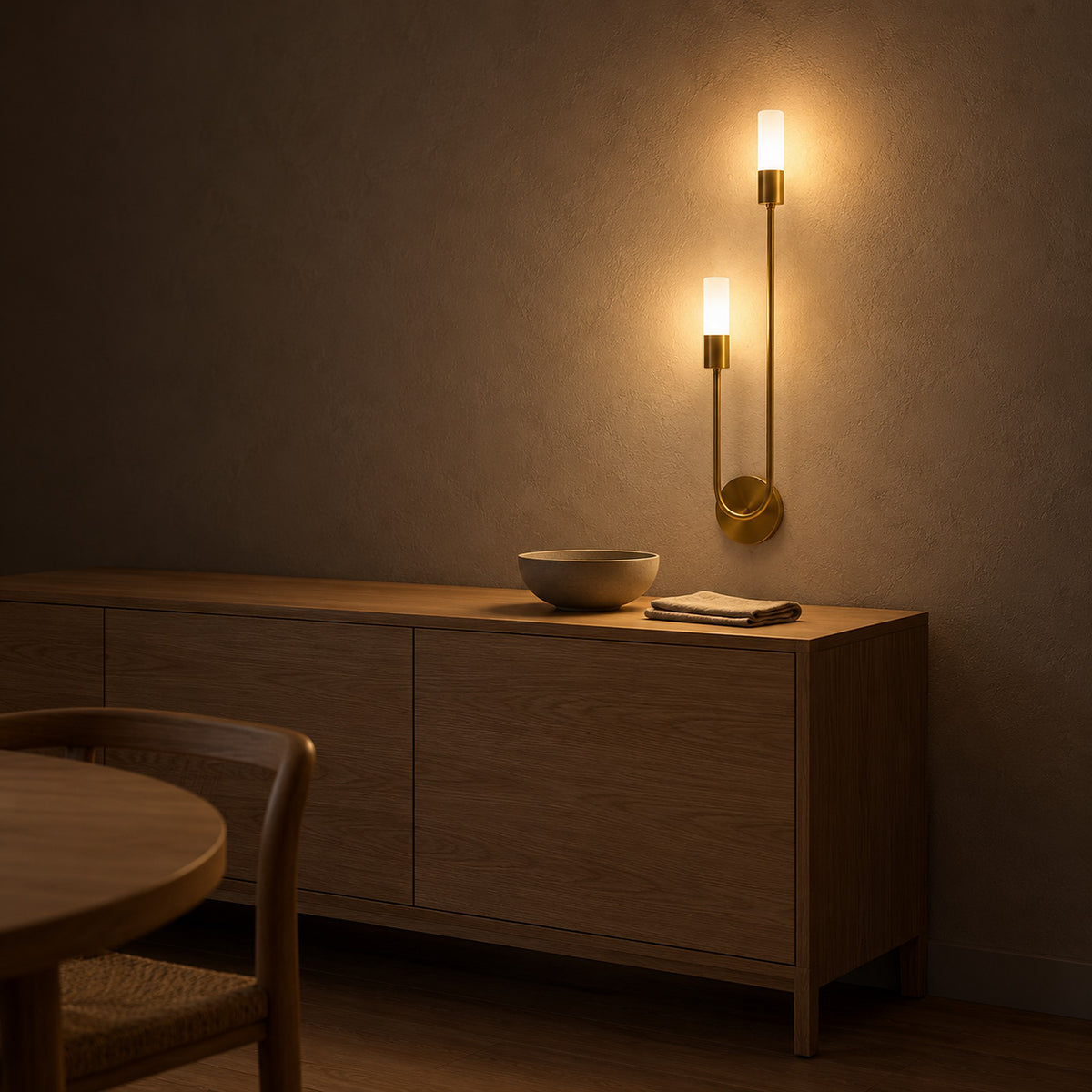 Amolven gold hardwired wall sconce casting staggered halos on a dining room wall at night