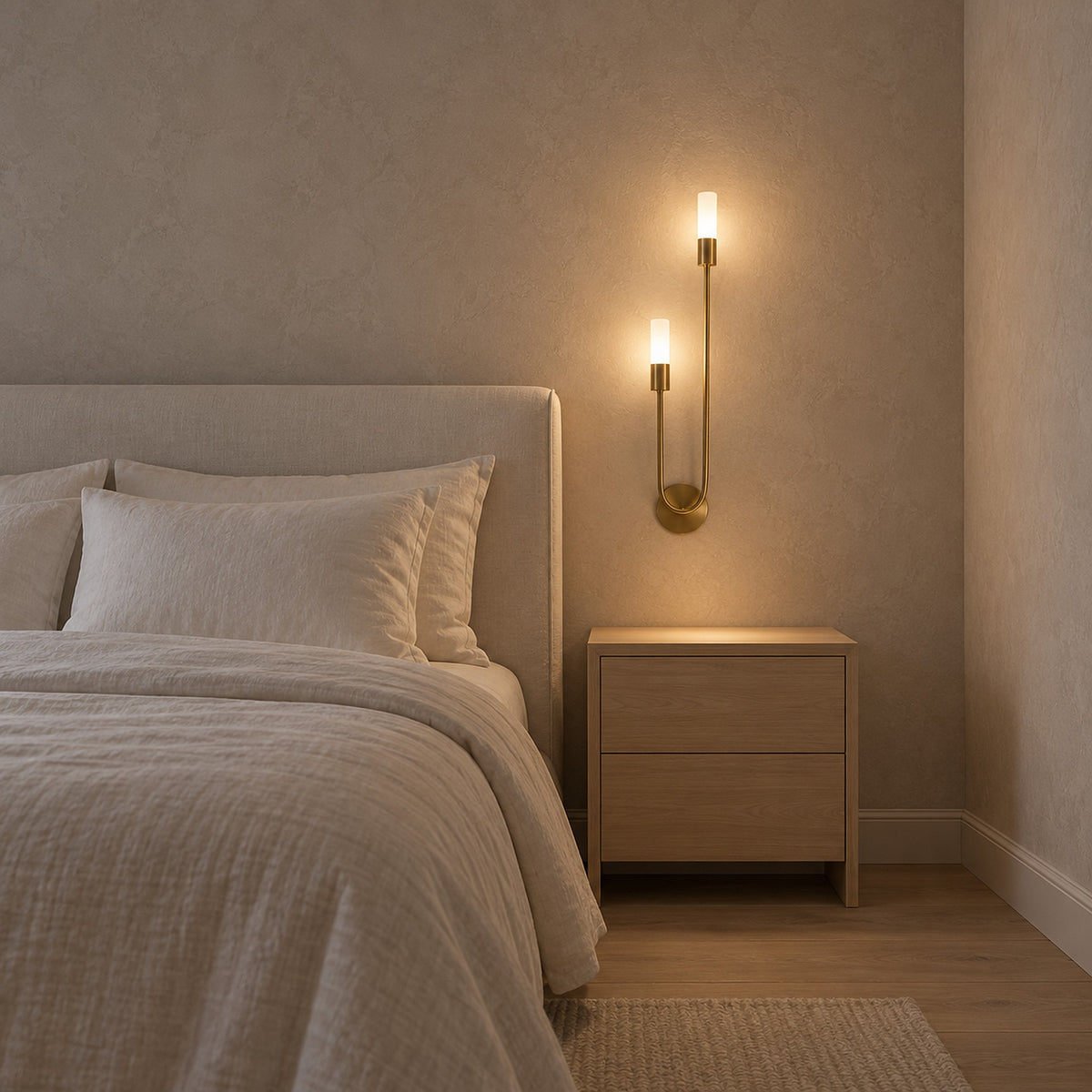 Amolven gold wall sconce lit above a completely bare nightstand in a bedroom