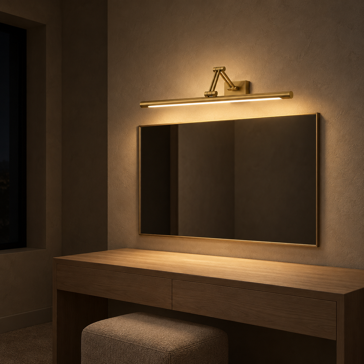 Anterilo gold cordless wall lamp above a dressing mirror at night with no outlet needed