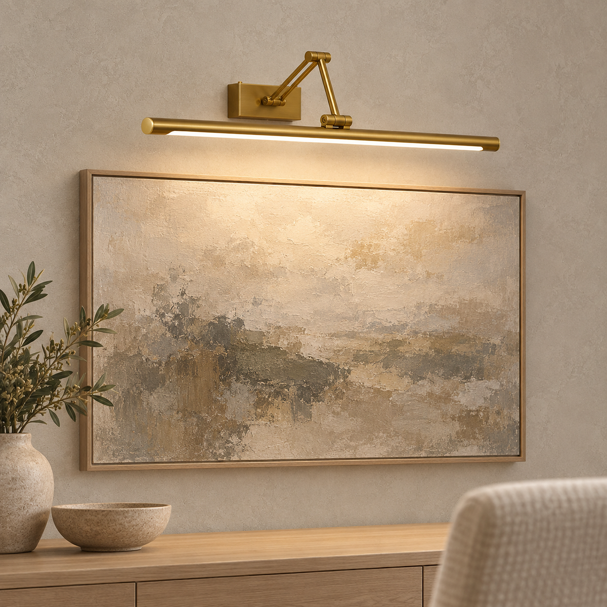 Anterilo gold cordless wall lamp lighting framed artwork in a bright dining room