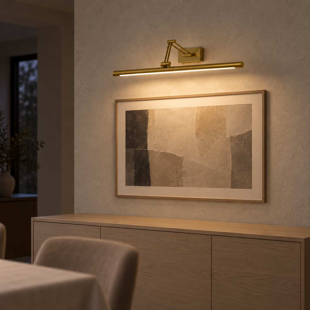 Anterilo gold LED wall sconce glowing above a clear dining room sideboard