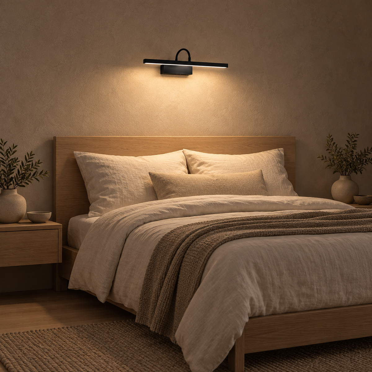 Anvelio black battery operated wall sconce set low and warm on a bedroom wall by touch