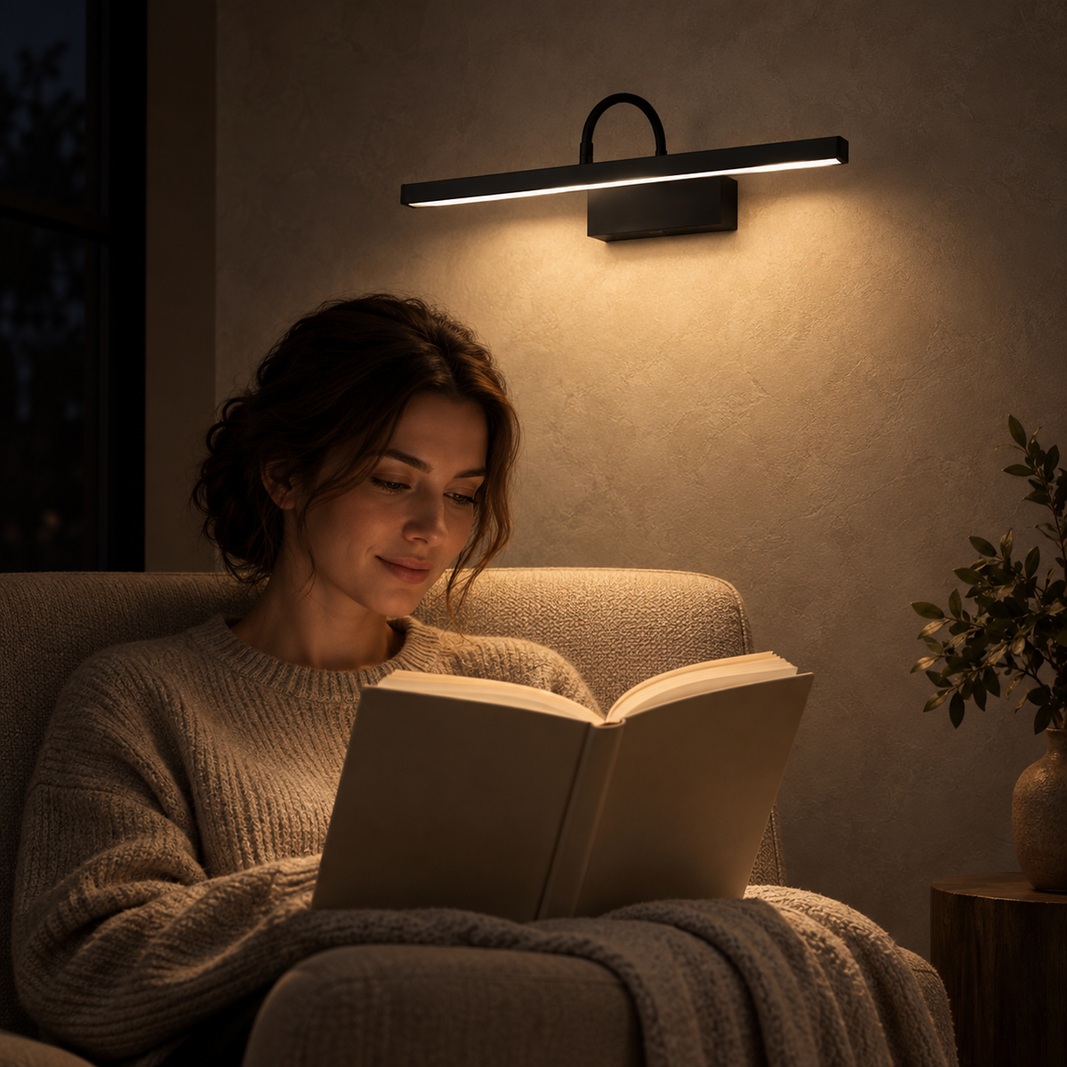 Anvelio black cordless wall lamp lighting an evening reading corner with someone seated