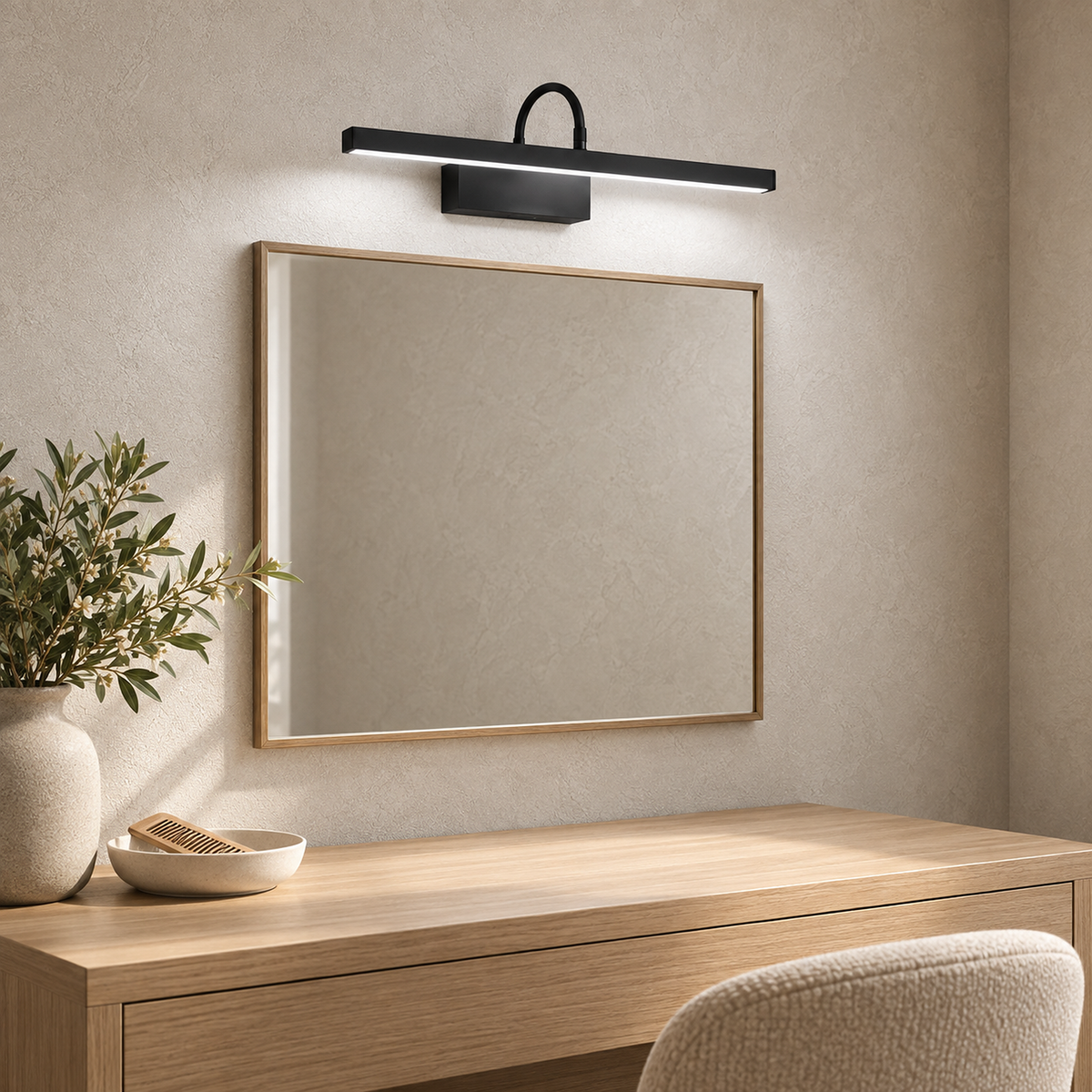 Anvelio black rechargeable wall sconce lighting a dressing mirror