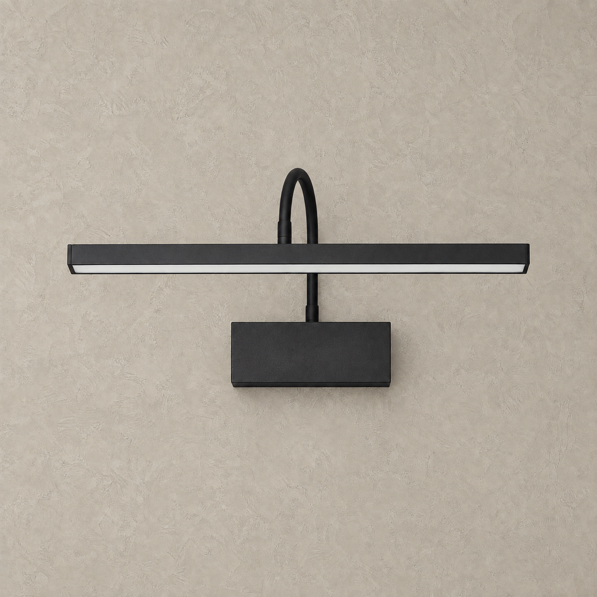 Anvelio black rechargeable wall sconce unlit on a greige plaster wall