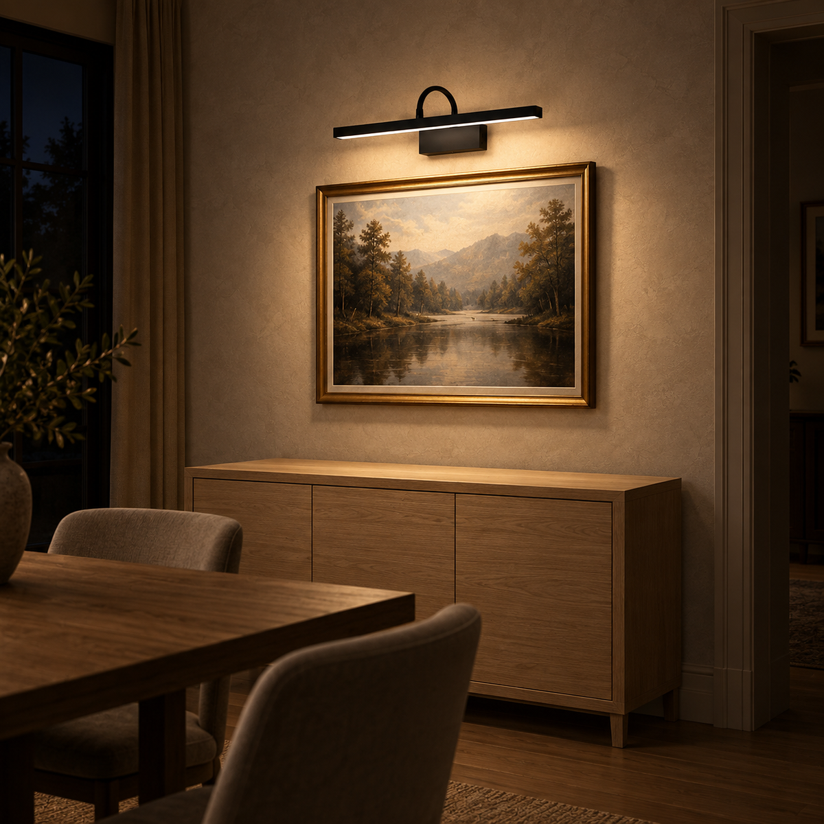 Anvelio black wireless wall light illuminating framed artwork in a dining room at night