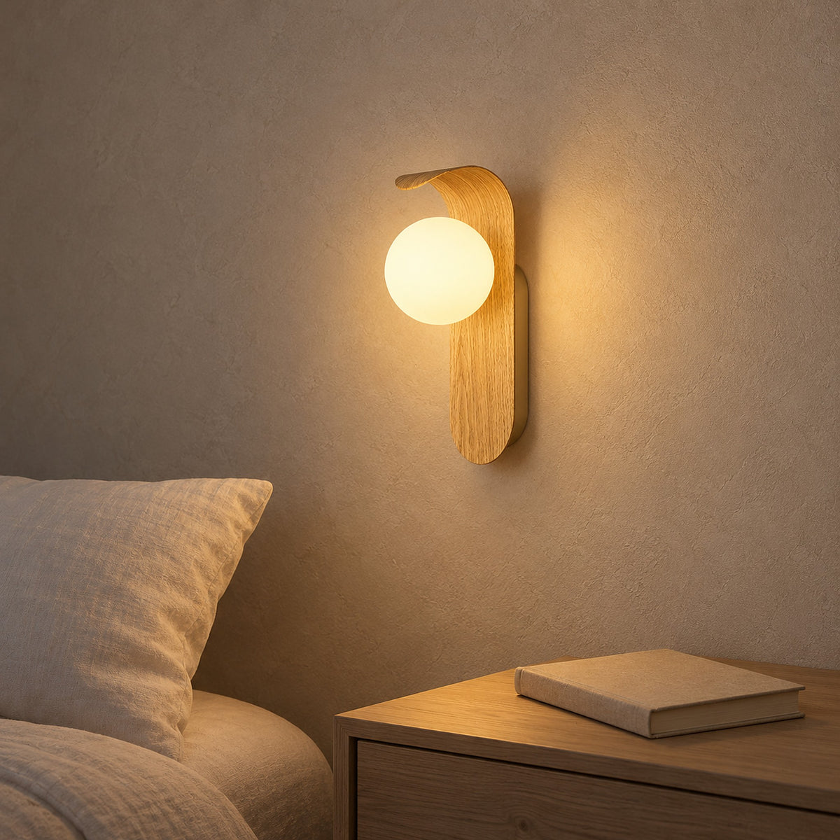 Arcelmo light wood bedside wall light keeping the bedside table clear in a guest sleeping alcove #color_light wood