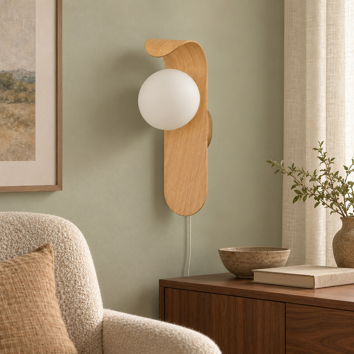 Arcelmo light wood plug in led wall sconce with its power cord running down the wall #color_light wood