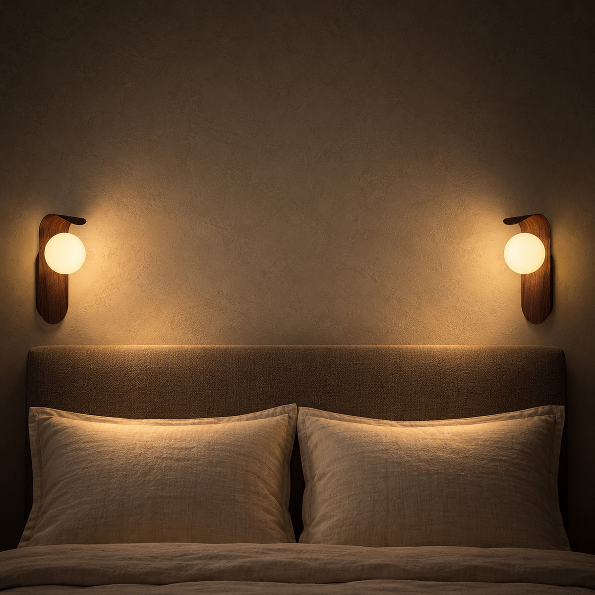 Arcelmo walnut bedside wall light pair casting warm light either side of the bed at bedtime