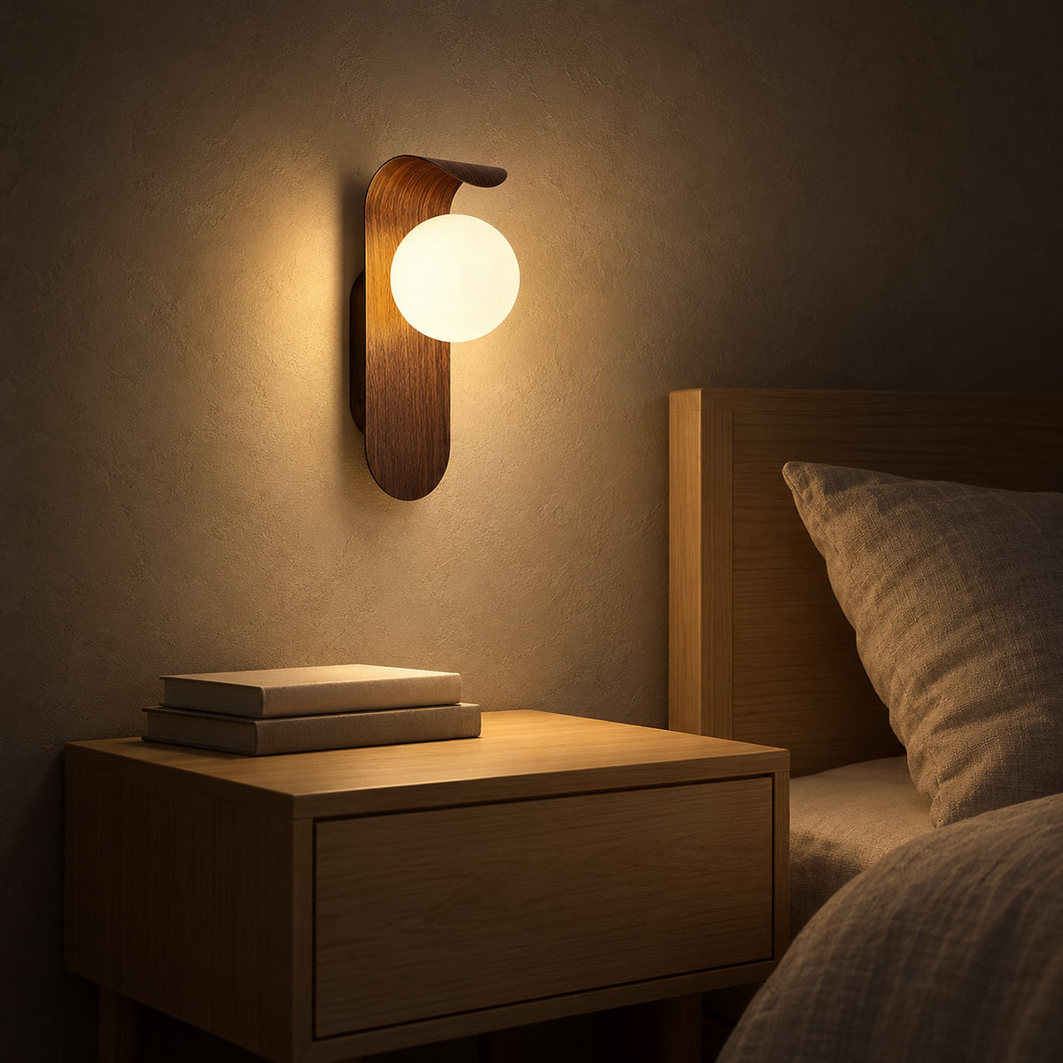 Arcelmo walnut hardwired wall sconce glowing at night above a bedside table left clear for nightly essentials