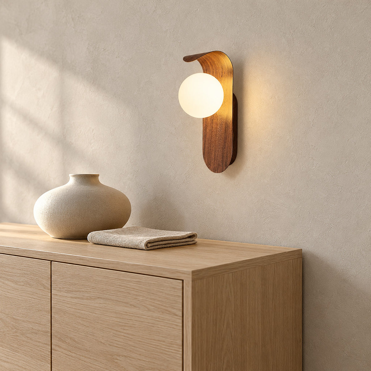 Arcelmo walnut wall light giving a warm glow above dining furniture in a daylit dining room