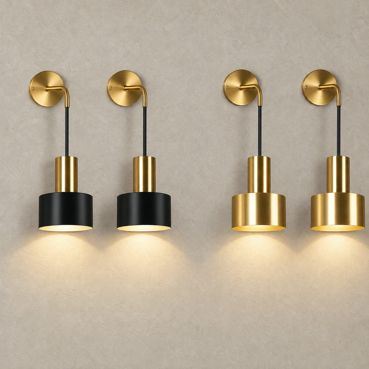 two Arsomel rechargeable wall sconce pairs, one in black and gold and one in gold, lit side by side for comparison