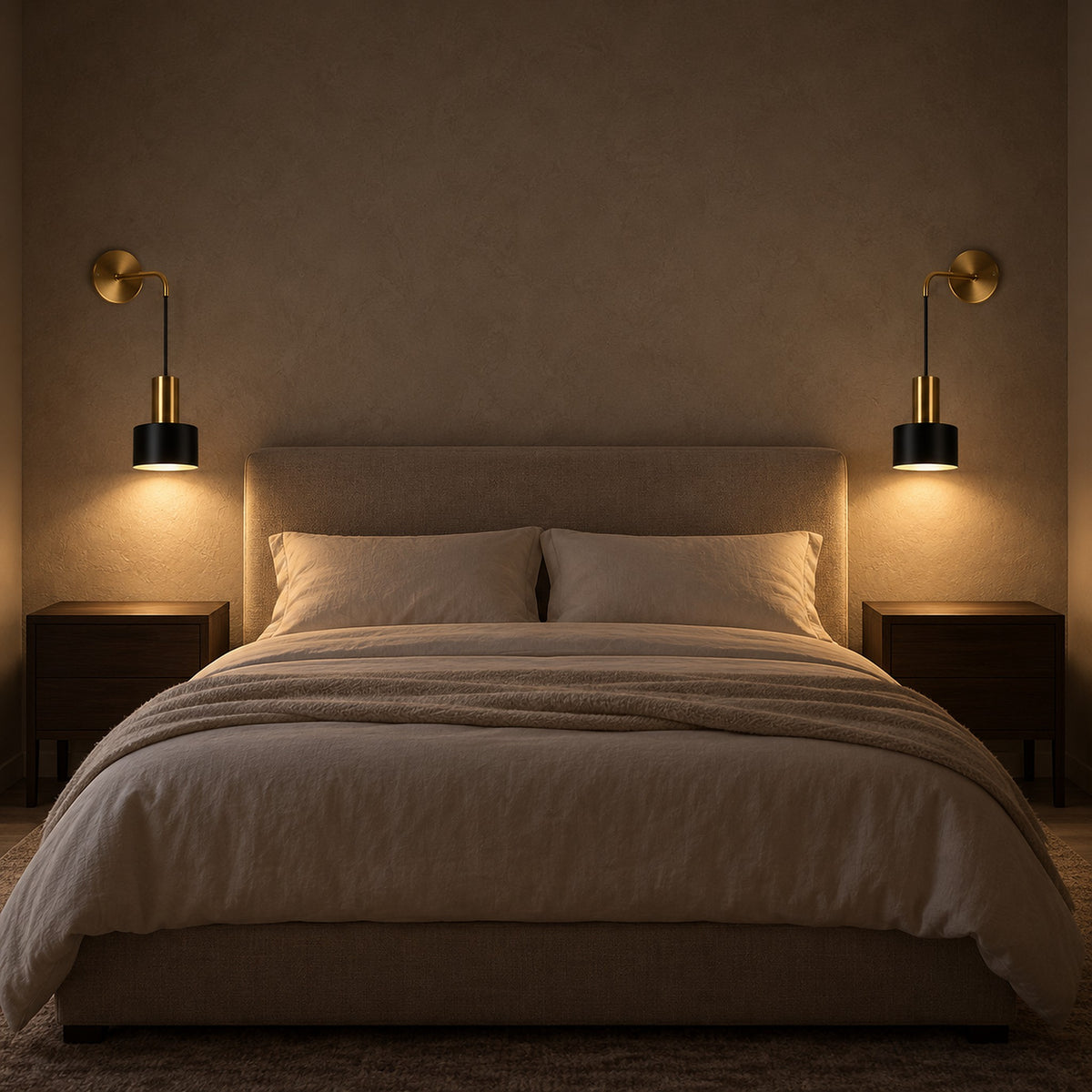 Arsomel black and gold bedside wall light pair framing the bed in a bedroom at night