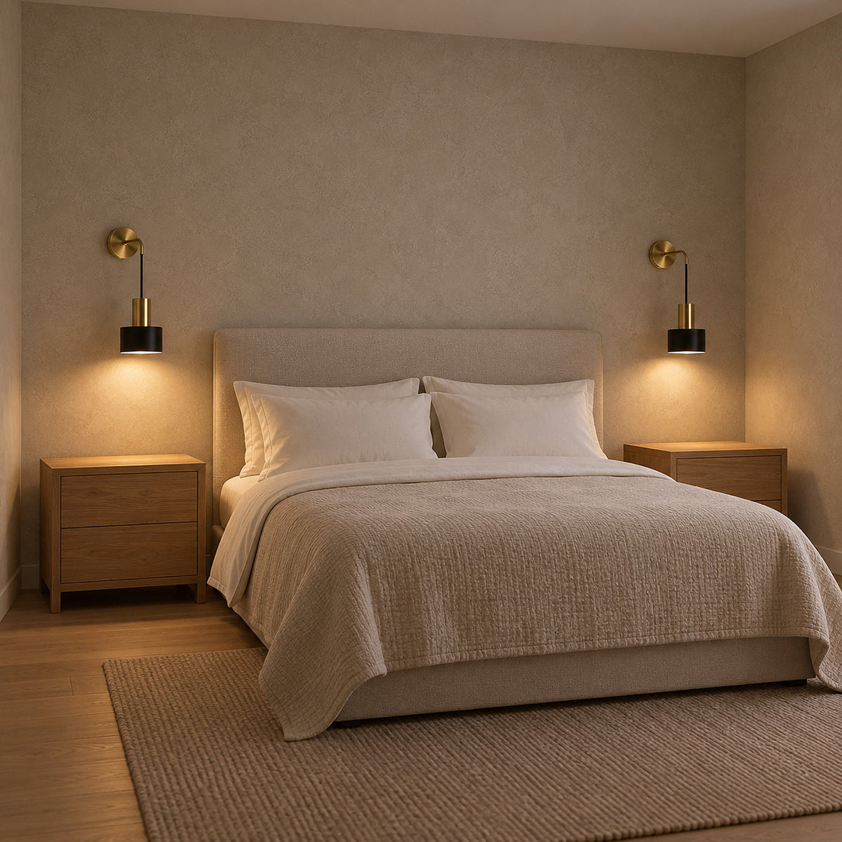 Arsomel black and gold bedside wall light pair leaving both nightstands clear in a bedroom