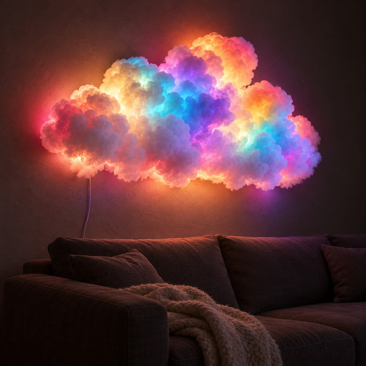 Arvimo LED cloud light in white adding soft color behind the sofa at night