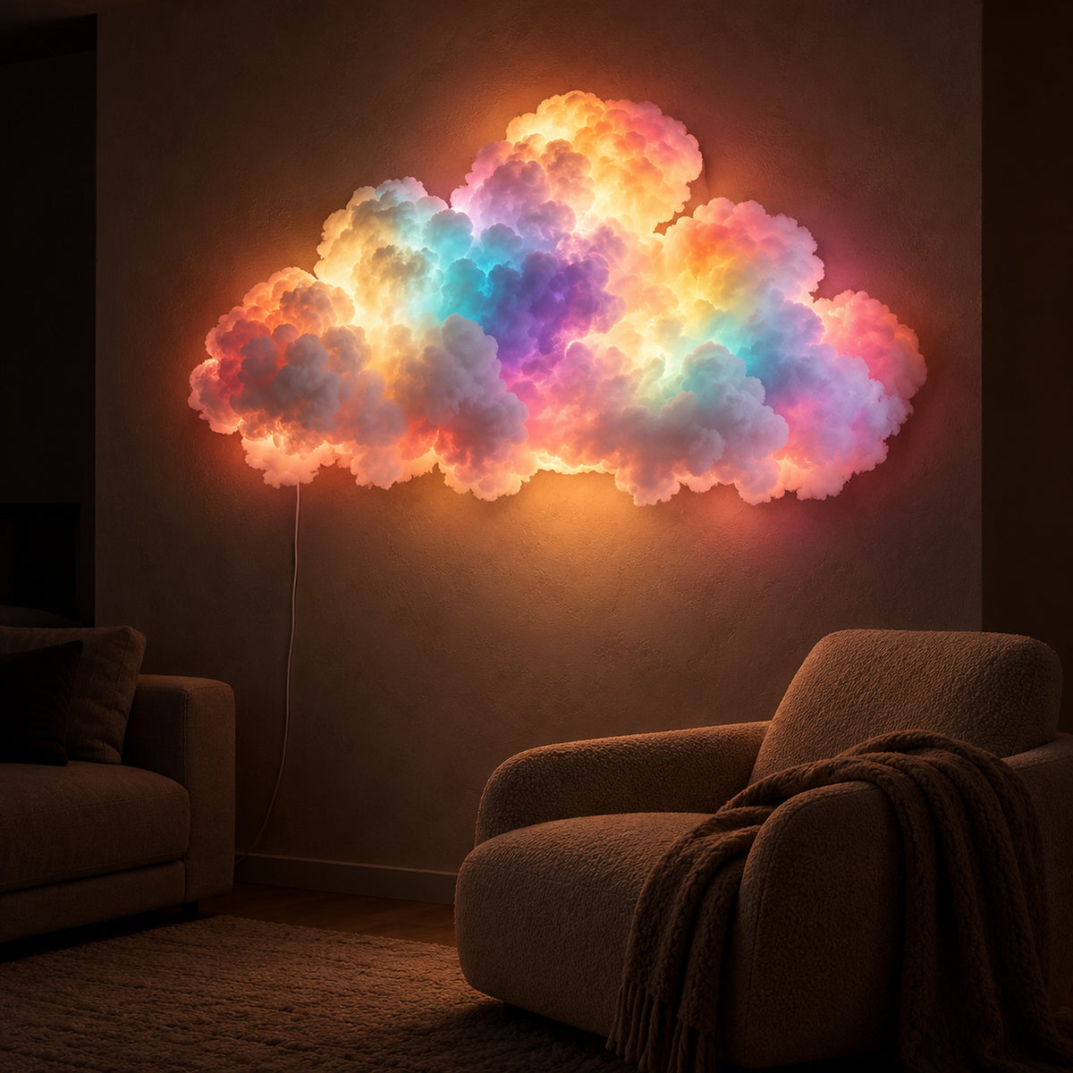 Arvimo LED cloud light in white casting a soft halo in a reading alcove at night