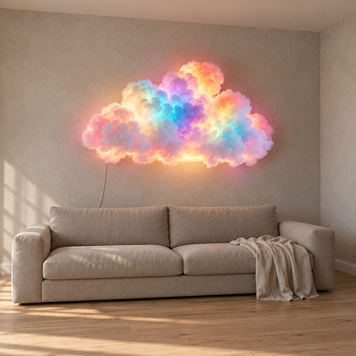 Arvimo LED cloud light in white glowing above the living room sofa
