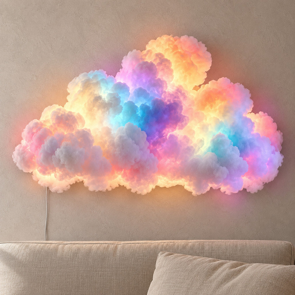 Arvimo LED cloud light in white glowing above a daylit sofa in the den