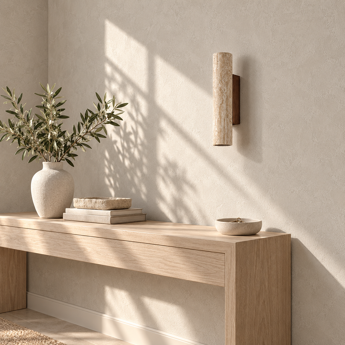 Asemiro dark wood and beige travertine hardwired wall sconce unlit above an entryway console
