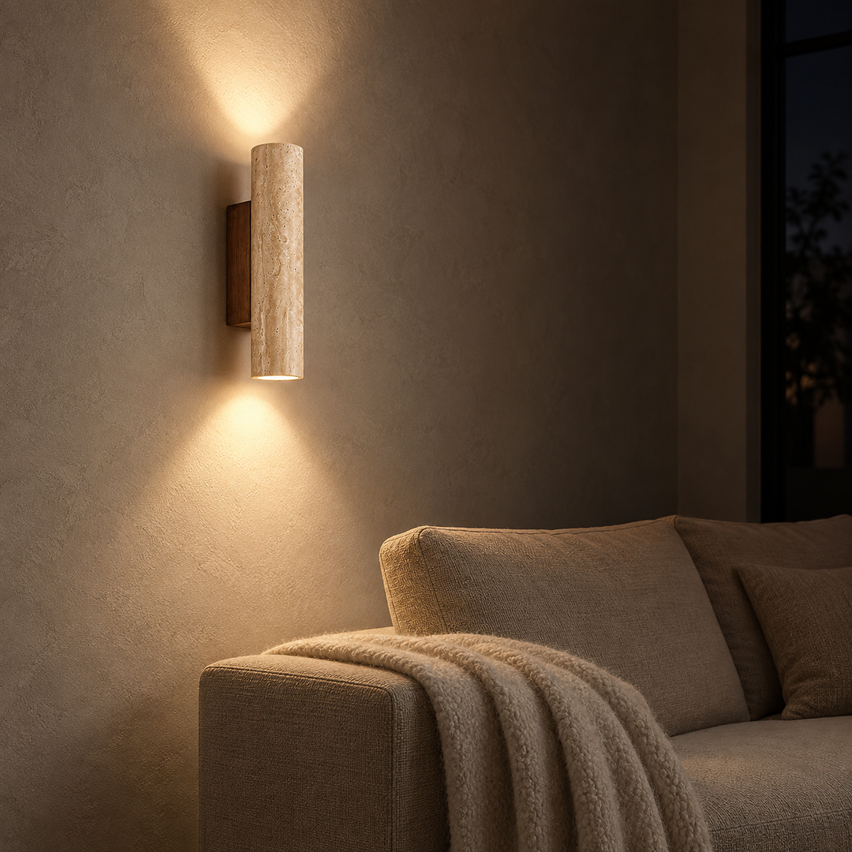 Asemiro dark wood and beige travertine wall light casting two pools of light beside seating at night