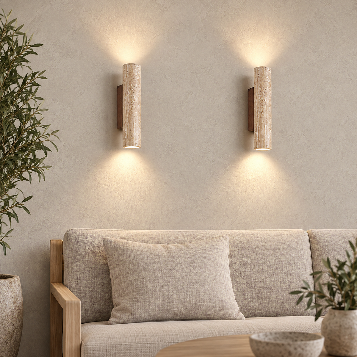 Asemiro dark wood and beige travertine wall sconces in a pair showing natural stone variation above a settee