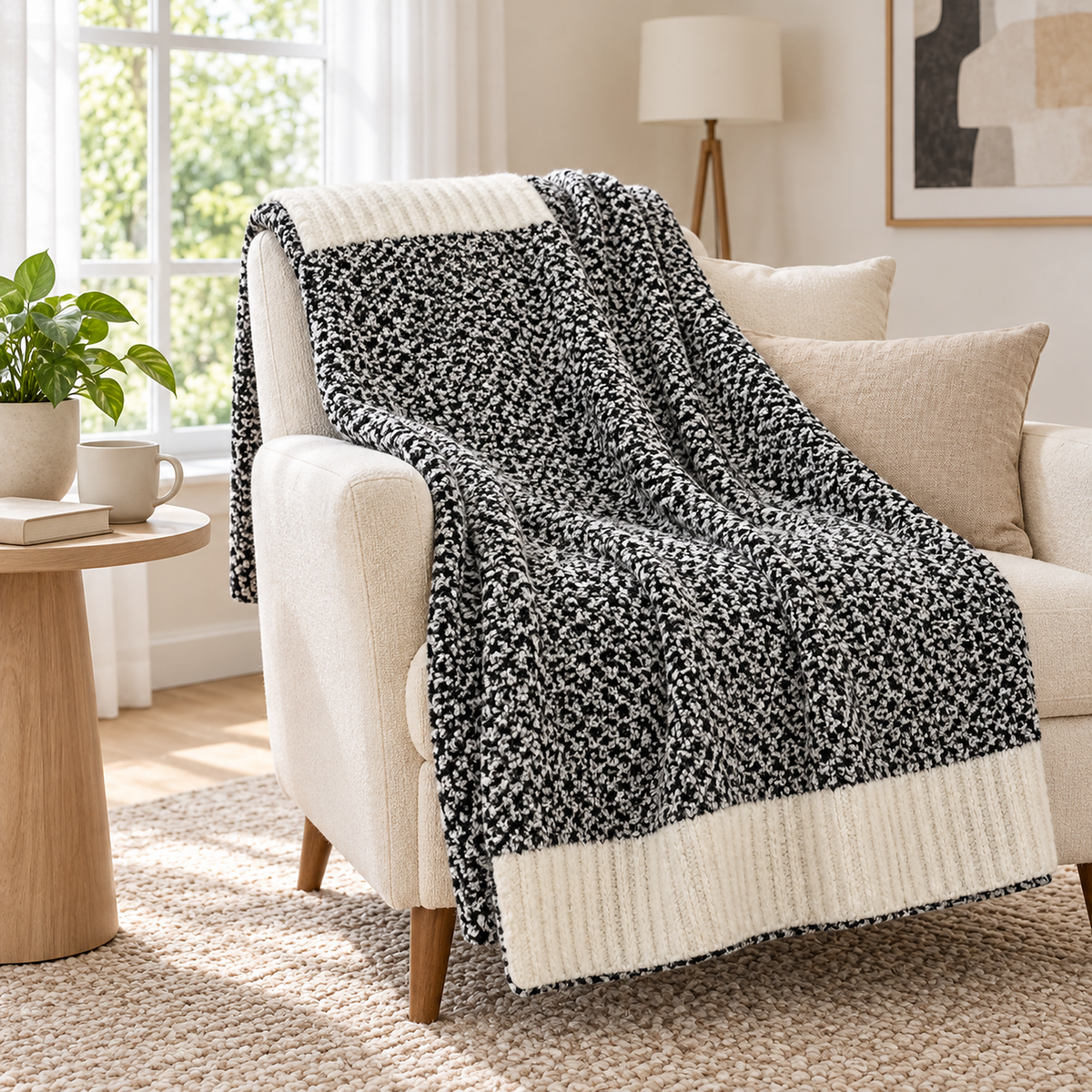 Calemira black heather throw blanket for couch in a knit weave opened over an ivory armchair #color_black