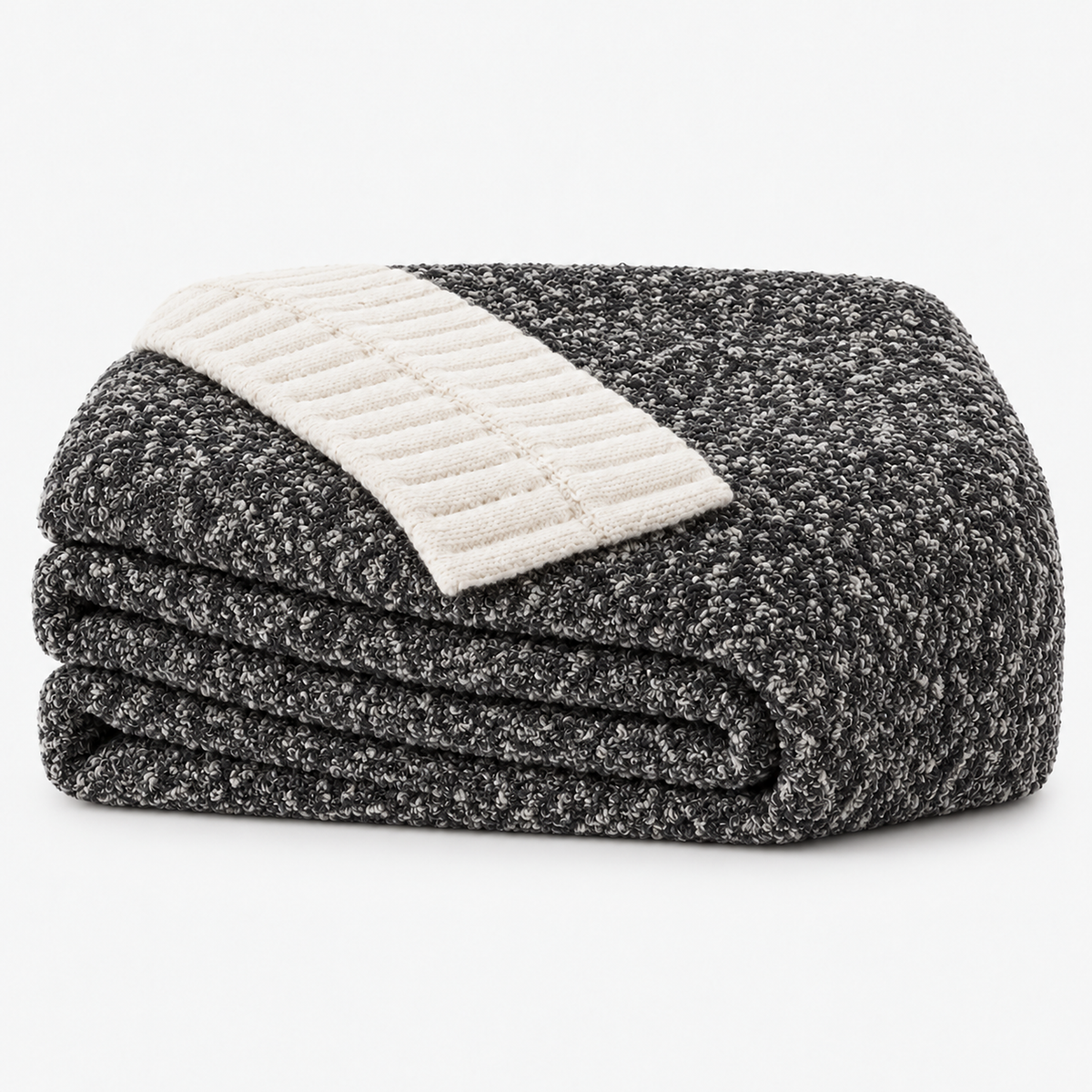 Calemira black throw blanket folded to show its black and white heathered look #color_black