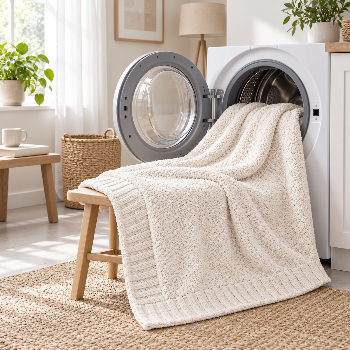 Calemira ivory machine washable throw blanket ready for washing in a bright utility room