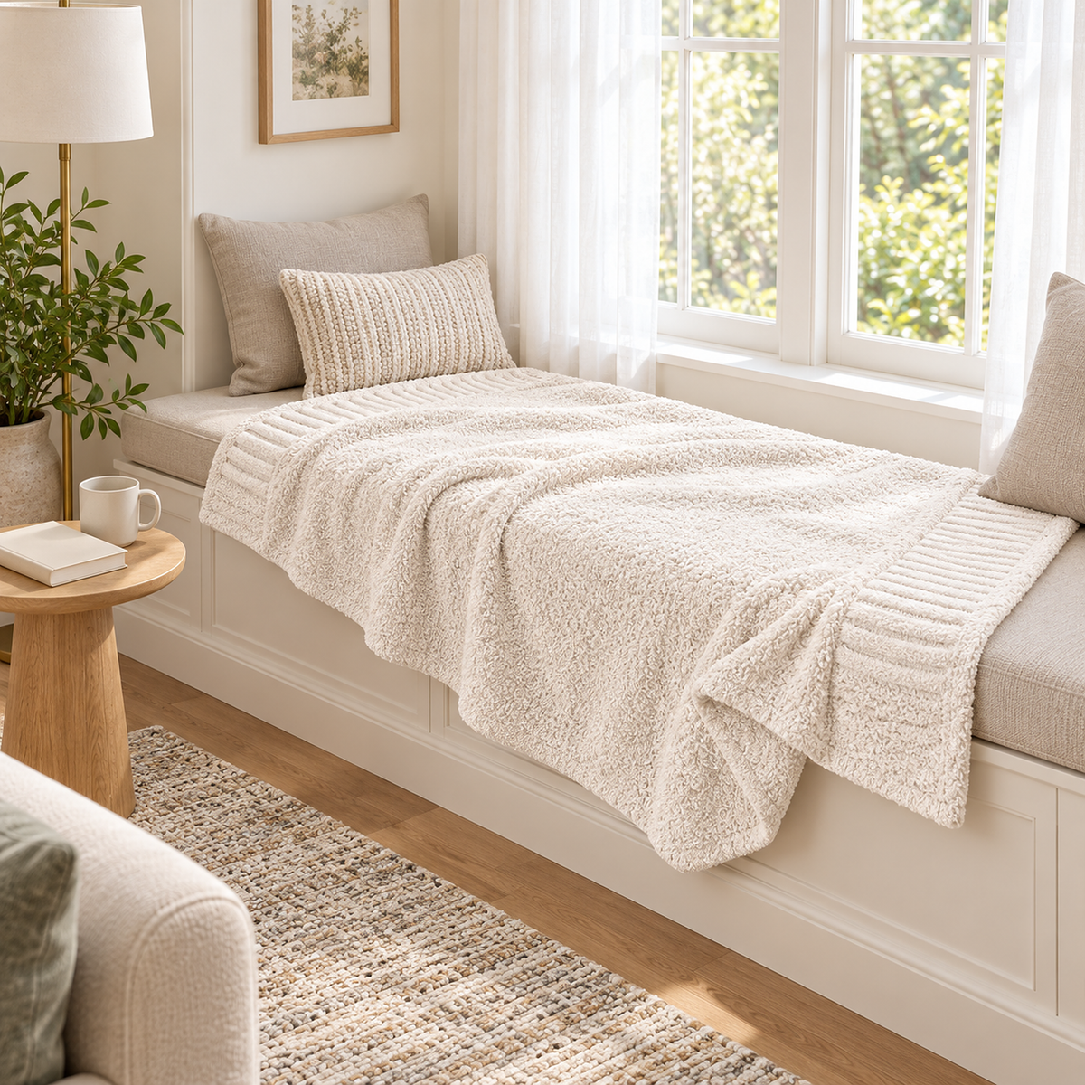 Calemira ivory soft throw blanket lying open on a bright window seat with one corner turned back
