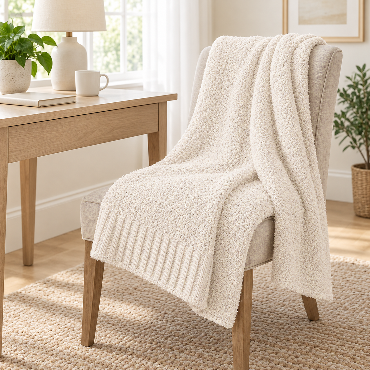 Calemira ivory throw blanket draped in a daylit writing nook, showing its pale end band