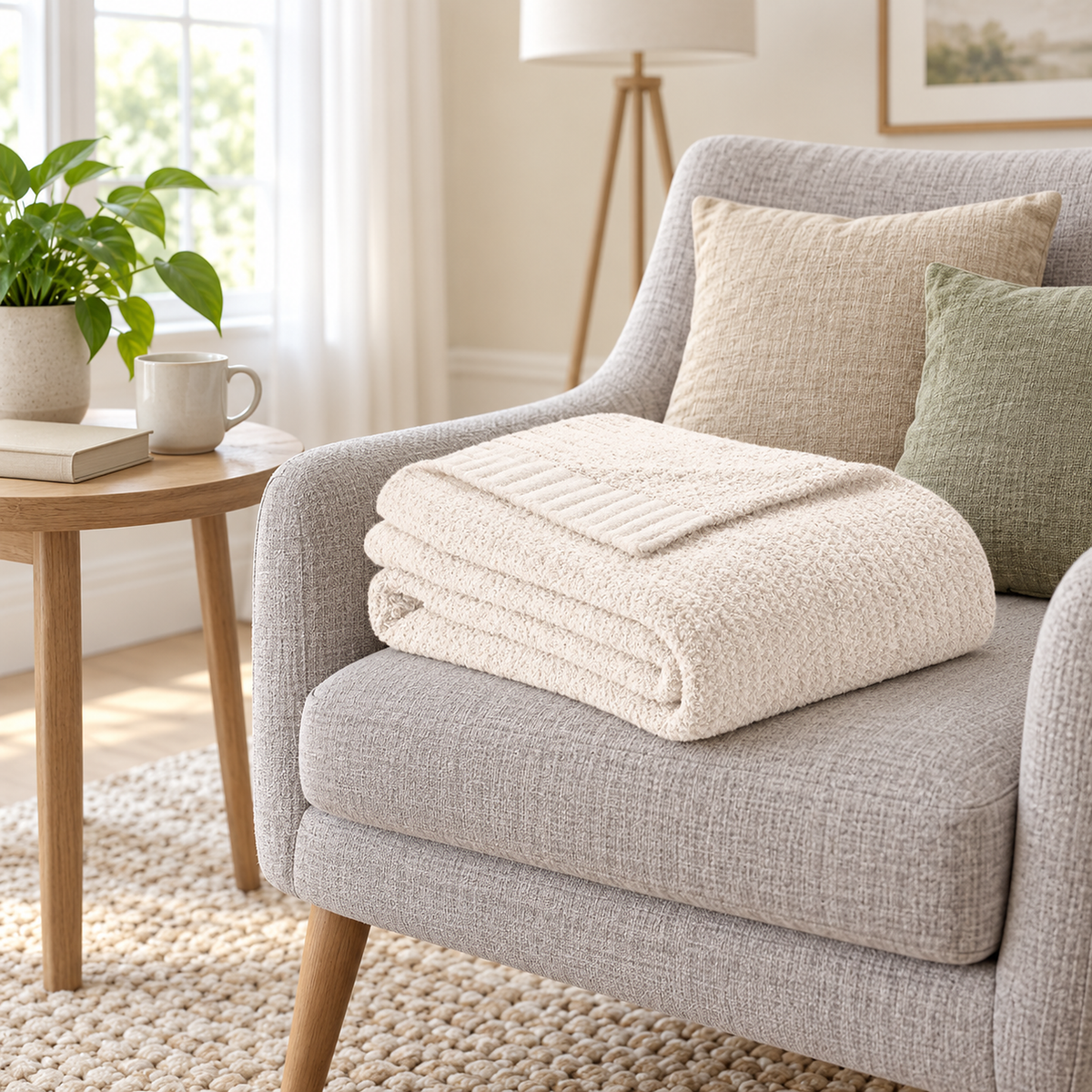 Calemira ivory throw blanket folded on a reading chair beside books in a library alcove