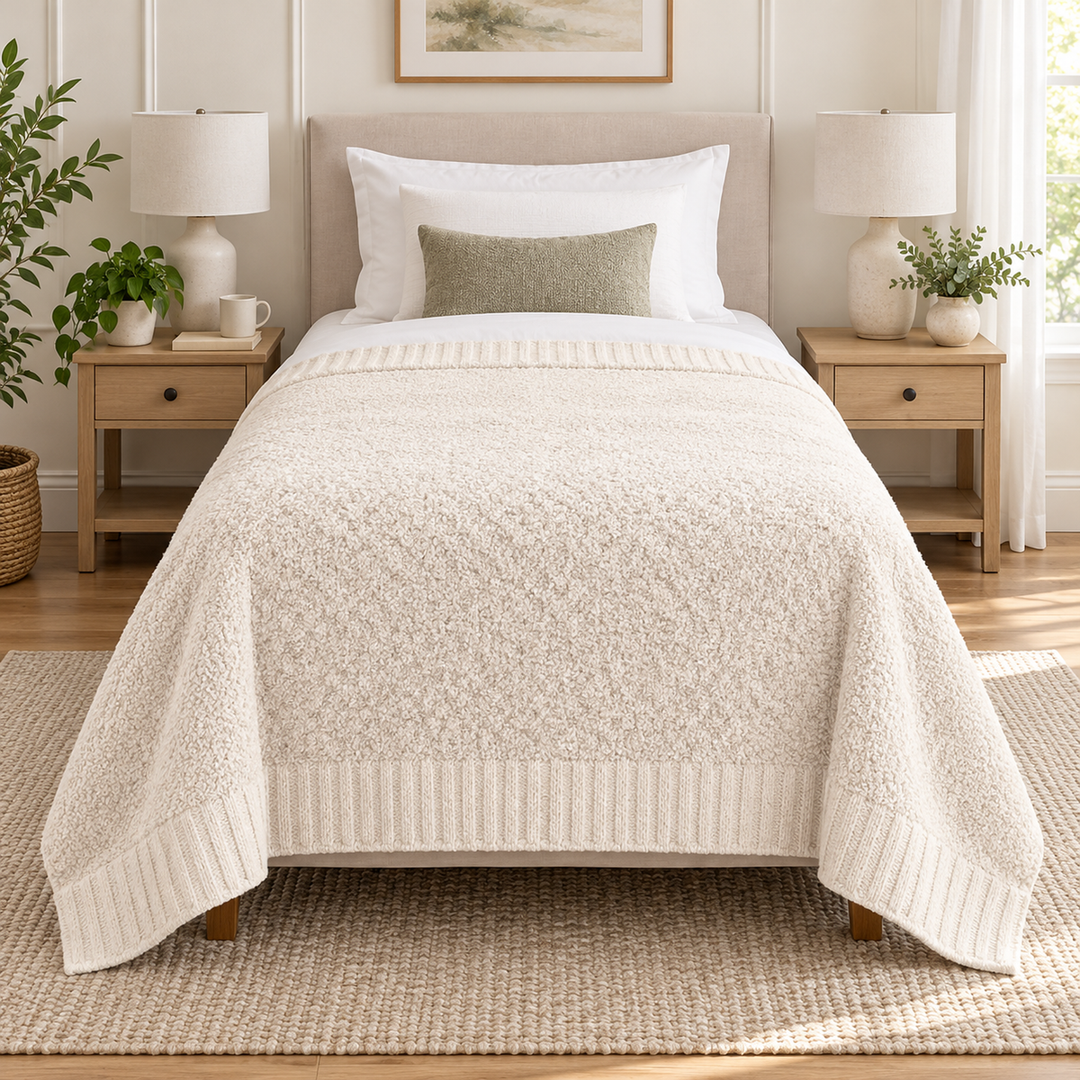 Calemira ivory throw blanket in the 50 by 60 inch throw size laid over a made bed in a bright guest bedroom