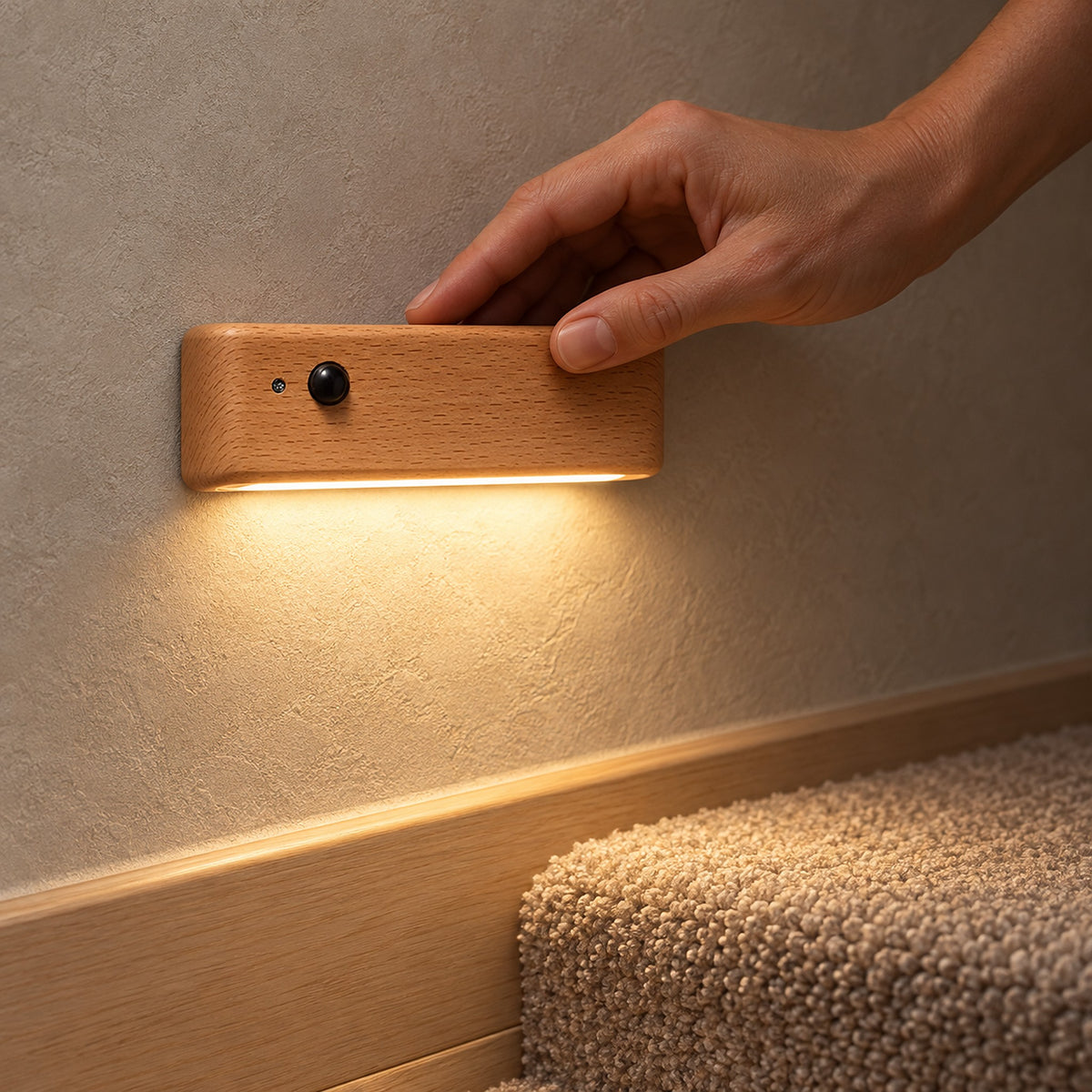 Calenvi natural battery powered motion sensor night light glowing beside a carpeted stair