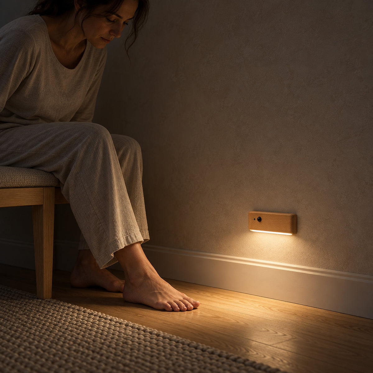 Calenvi natural battery powered motion sensor night light lighting the upper landing floor beside a seated adult
