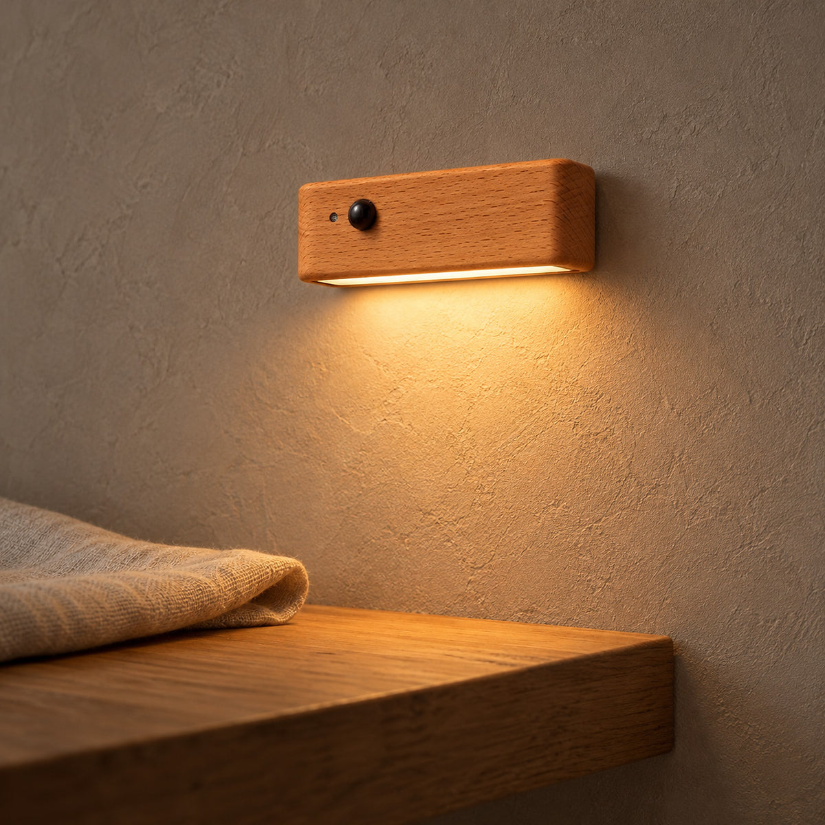 Calenvi natural indoor motion sensor night light with a softly glowing diffuser in a living room