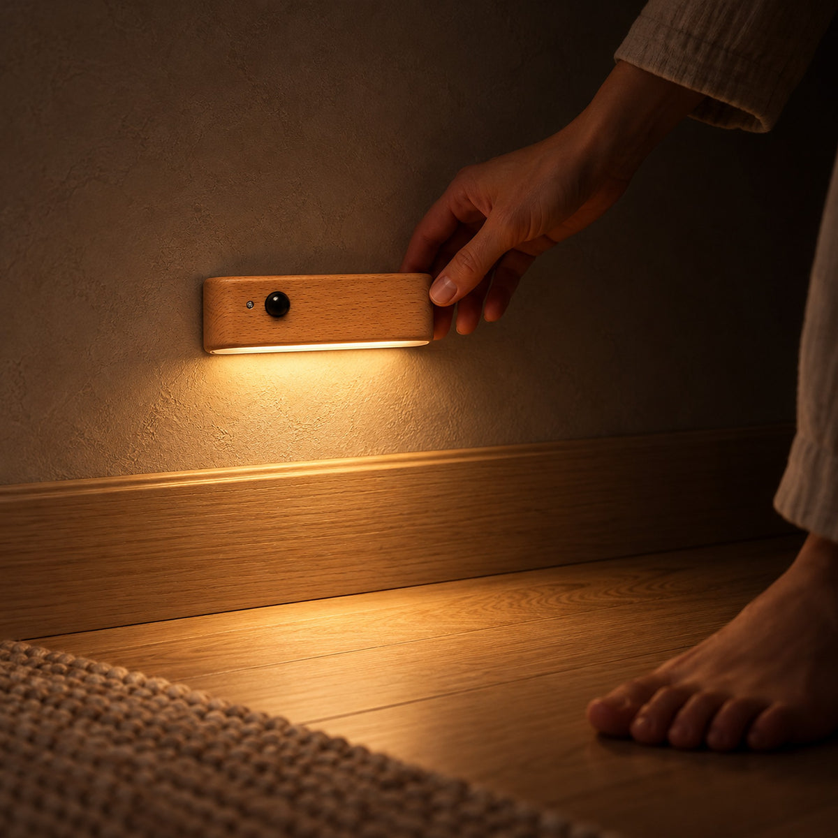 Calenvi natural motion sensor night light lighting a passing foot in a dark hallway