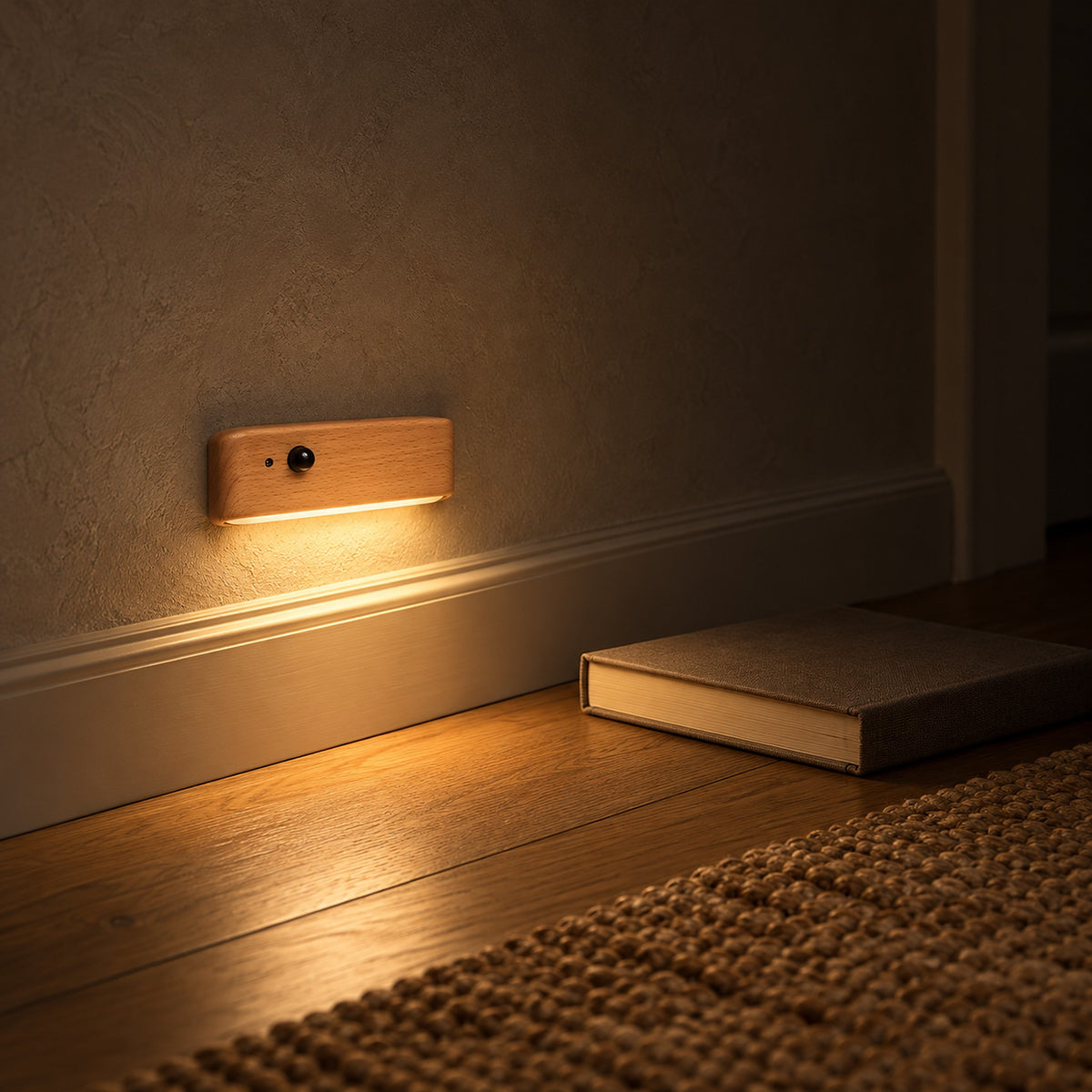 Calenvi natural motion sensor night light turning on for passing footsteps in a dark entry vestibule