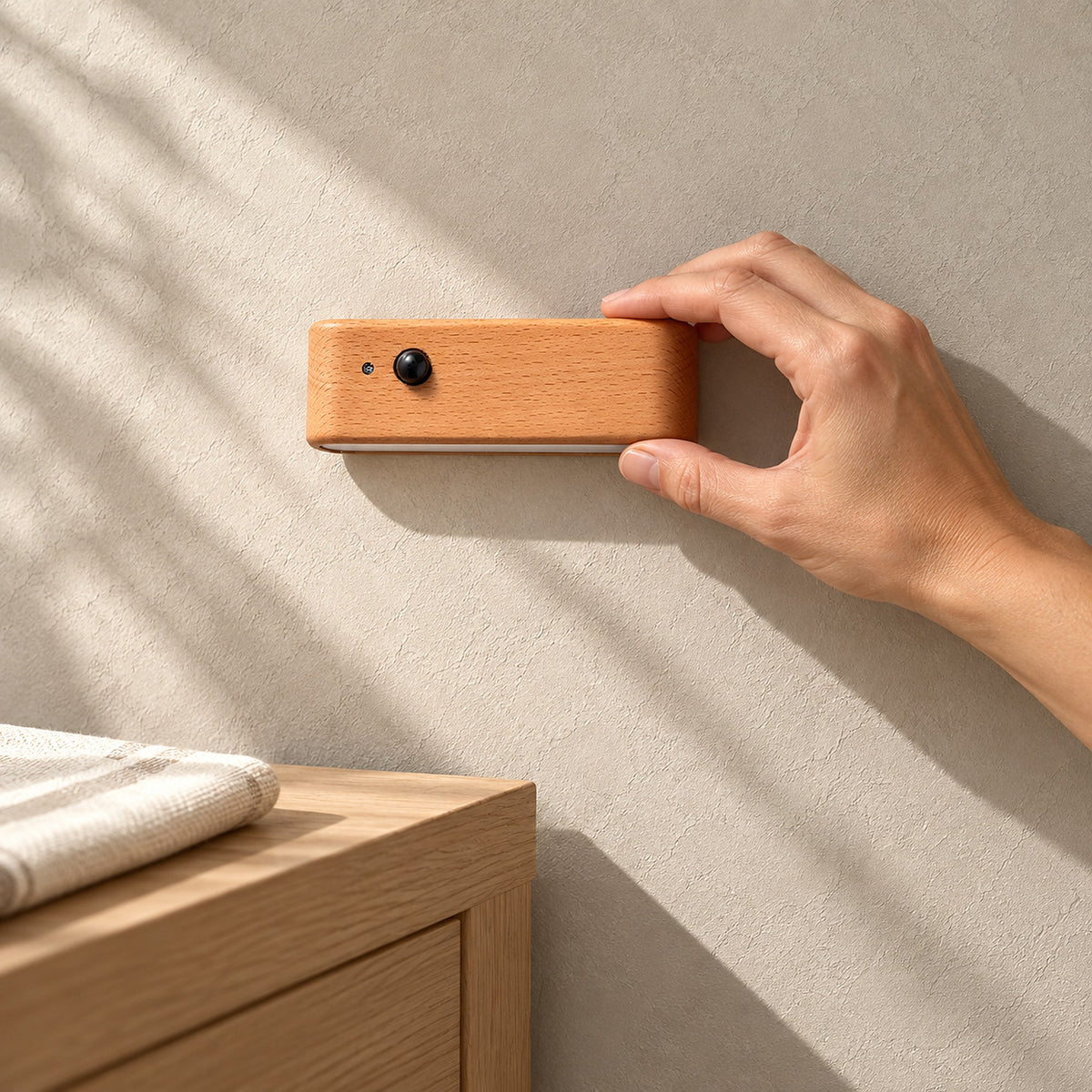 Calenvi natural no drill motion sensor night light beside a sunlit sideboard in a dining room