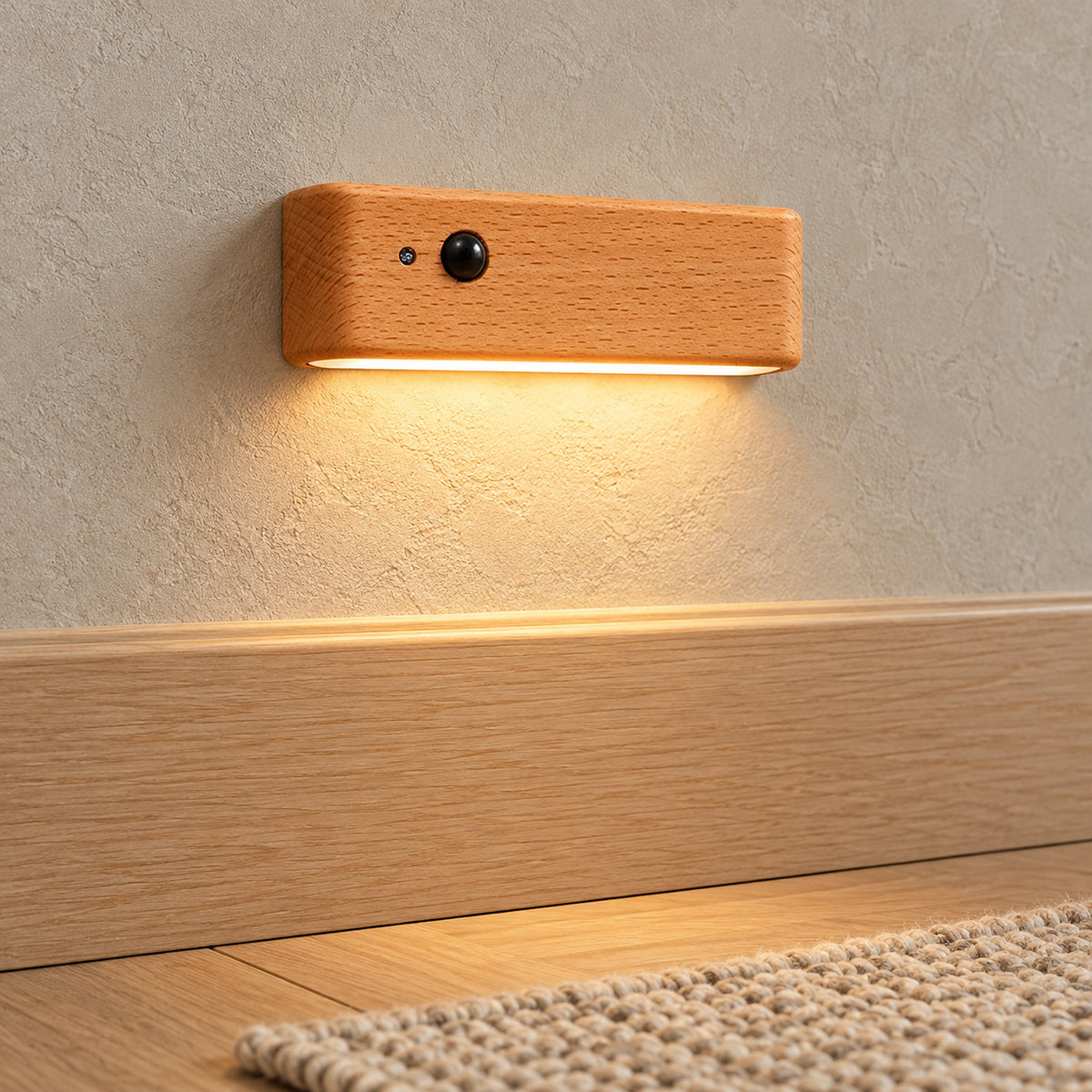 Calenvi natural rechargeable motion sensor night light glowing warm beside the runner in an entry vestibule