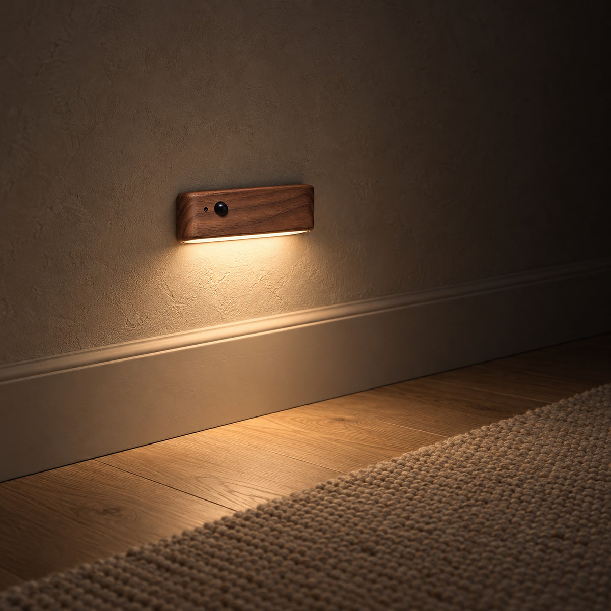 Calenvi walnut warm glow motion sensor night light lighting the runner edge on an upper landing at night #color_walnut