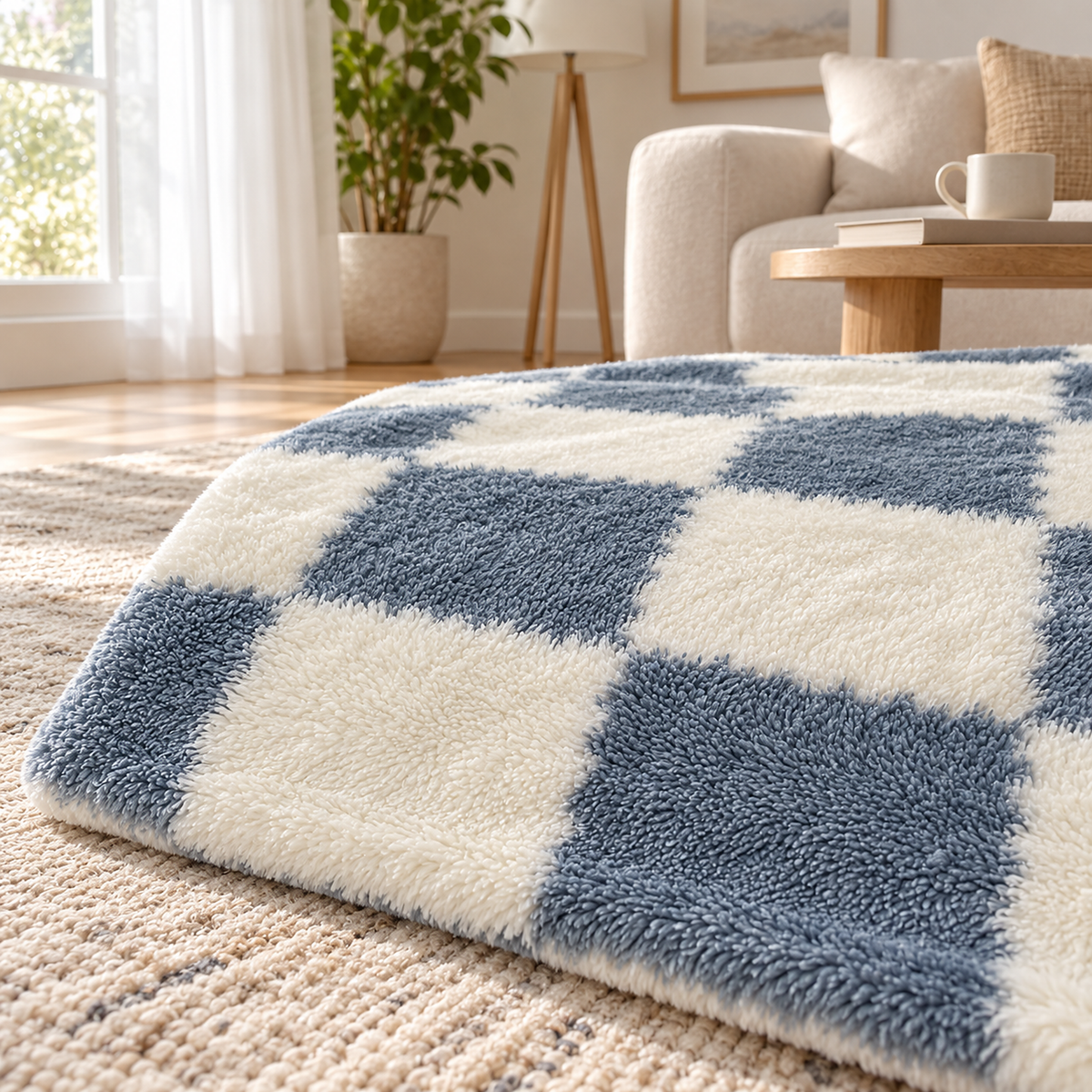 Calevina blue and white knit throw blanket, close view of the raised checks and fuzzy pile