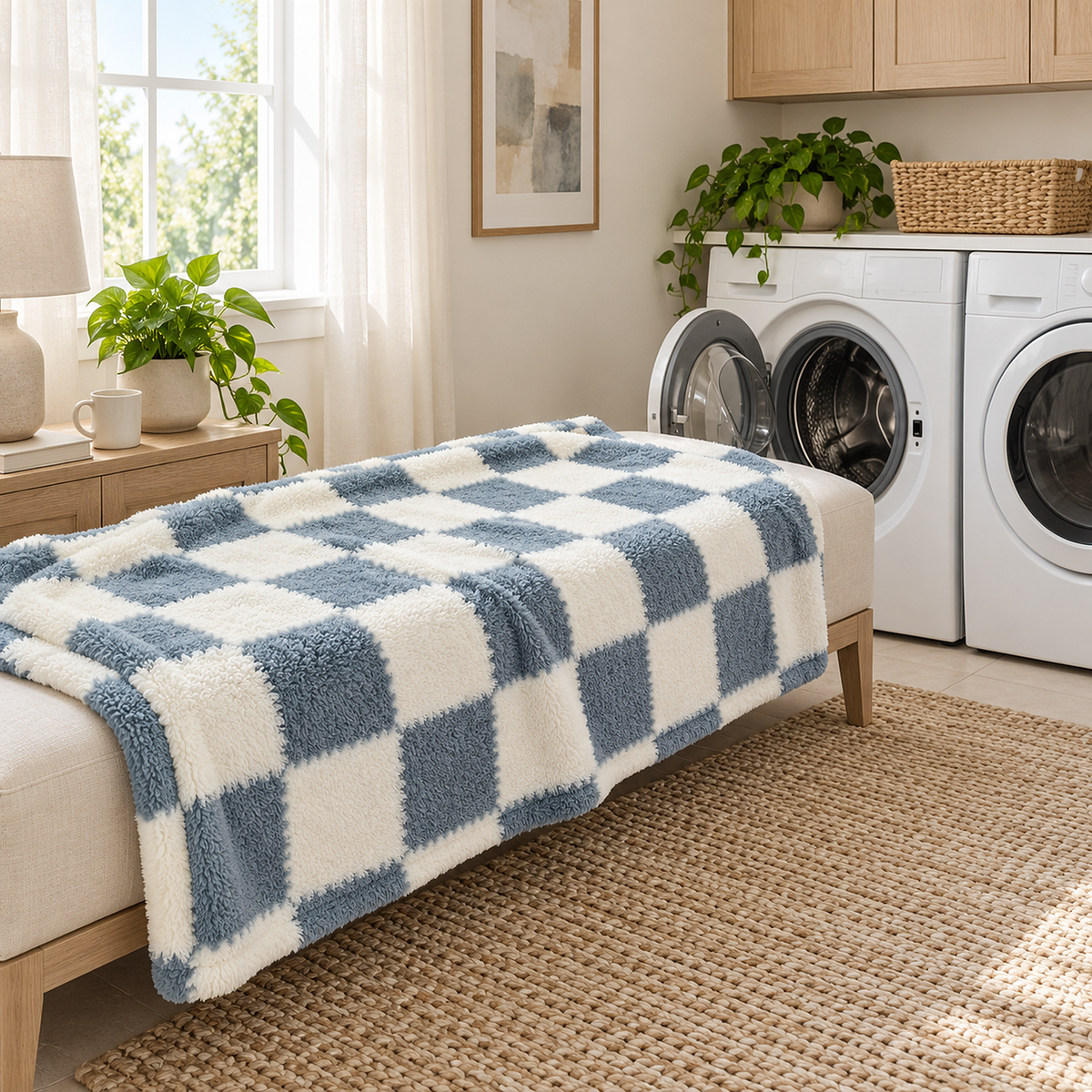 Calevina blue and white knit throw blanket, machine washable, laid open beside a home washer and dryer
