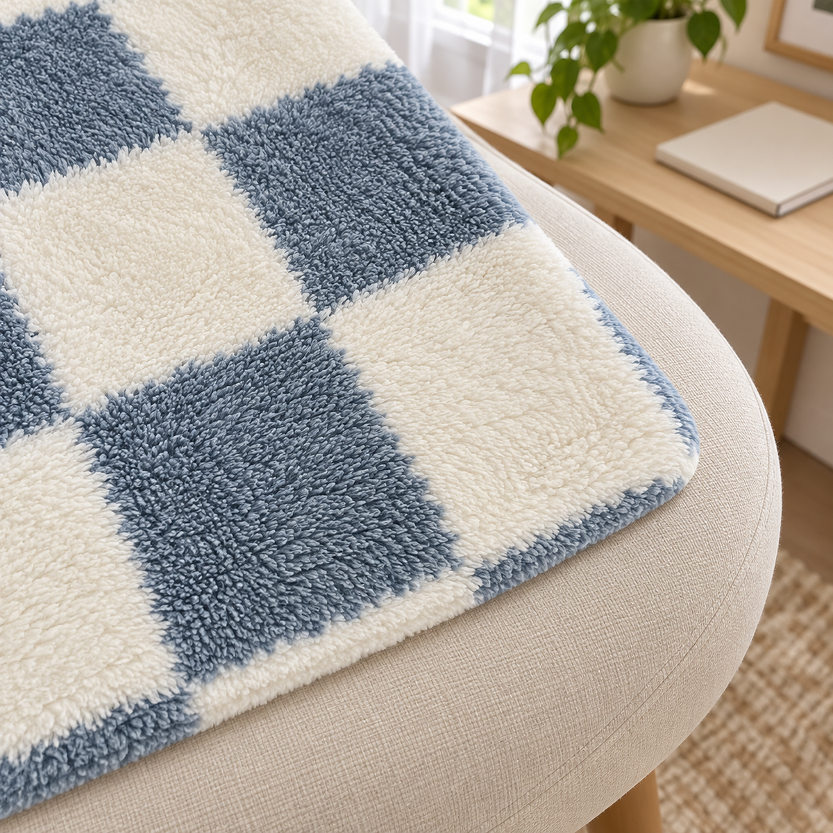 Calevina blue and white soft throw blanket shown up close with its knit fabric in a writing nook