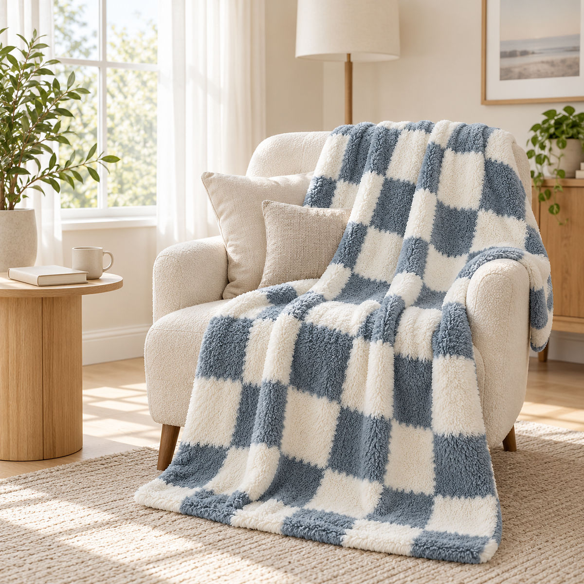Calevina blue and white soft throw blanket covering a broad reading chair in a library alcove