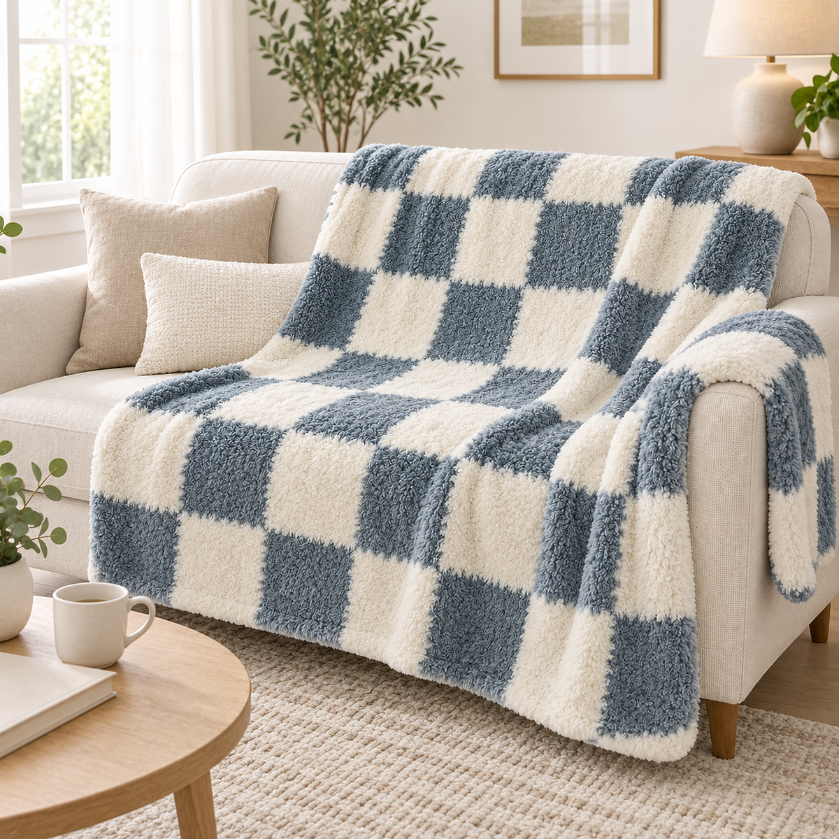 Calevina blue and white throw blanket for couch, draped open over an ivory loveseat in a living room