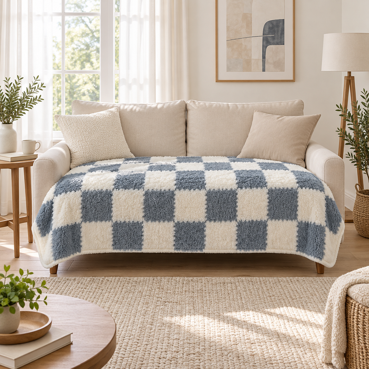 Calevina blue and white throw blanket for couch, spread across the seat of a loveseat in a bright living room