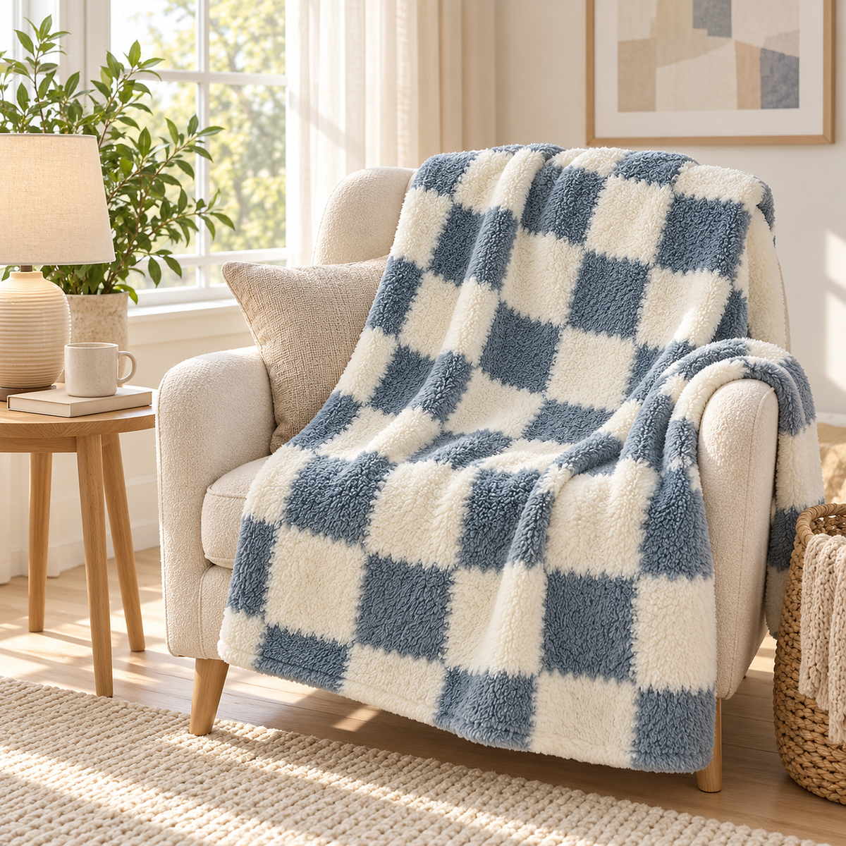 Calevina Blue and White checkered throw blanket draped over a cream upholstered armchair in a living room