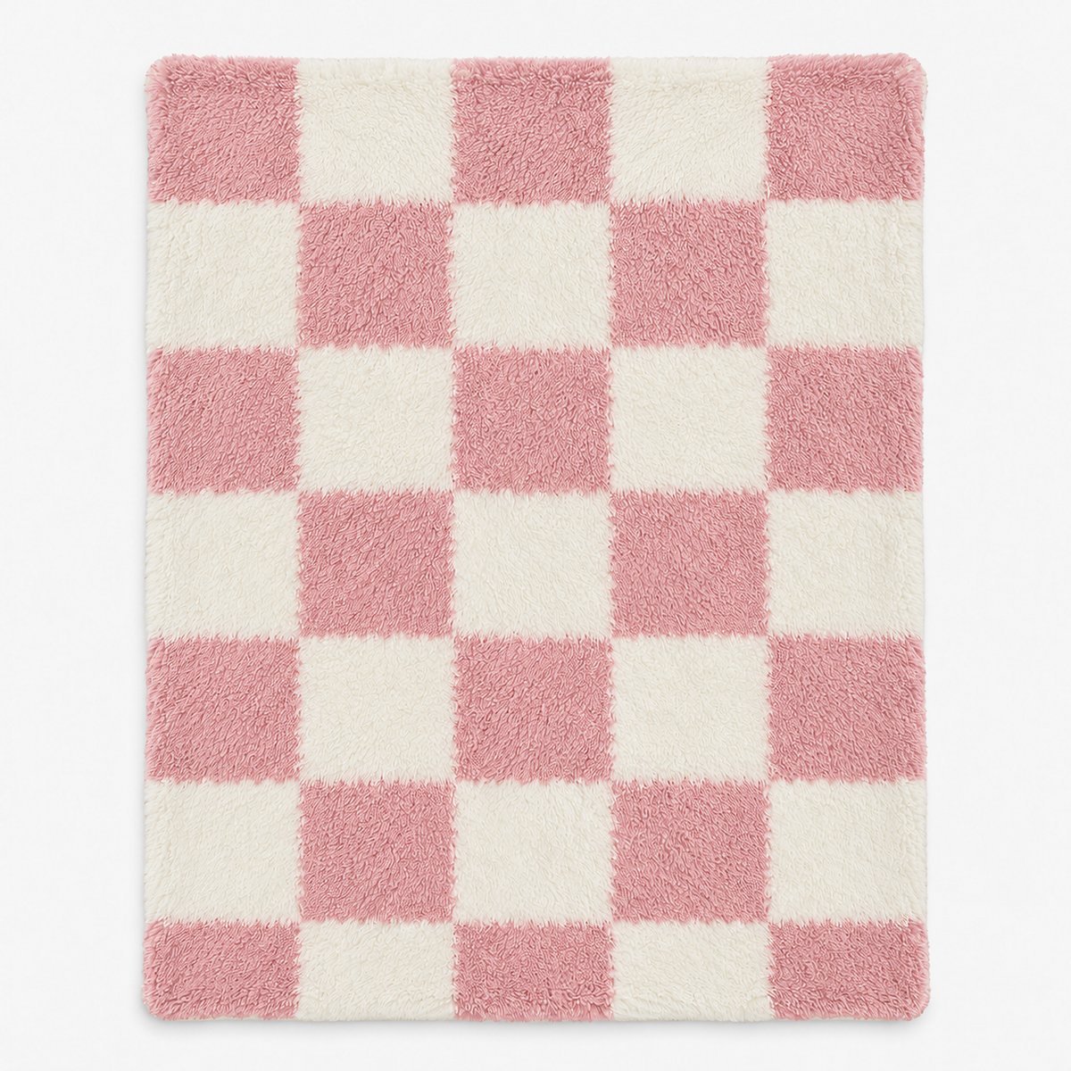 Calevina pink and white knit throw blanket, the complete checkerboard face laid flat #color_pink and white